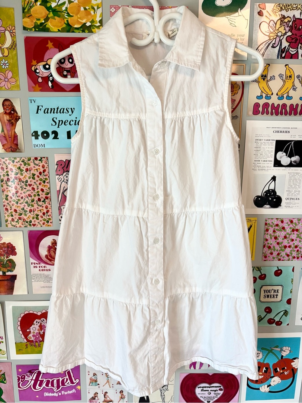 White Button-Front Tiered Sleeveless Collared Dress
